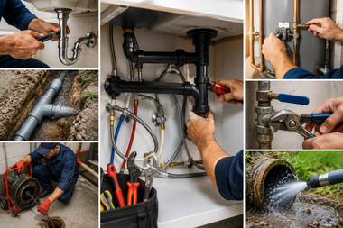 Plumbing repair collage: hands fixing pipes, valves, drain lines, and a hose spray in a kitchen sink area