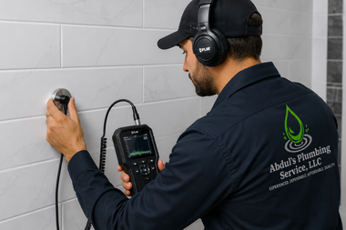 Technician using a handheld diagnostic tool on a tiled wall with headphones on, inspecting wiring.