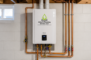 Wall-mounted boiler with copper piping in a utility room.