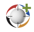Golf ball at the center of a circular design with arrows and a green plus sign.