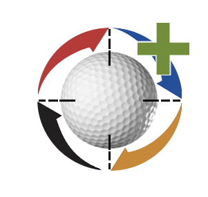 Golf ball at the center of a circular design with arrows and a green plus sign.