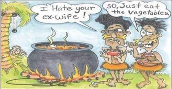 A cartoon of two men talking about their ex-wife