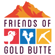 Friends of Gold Butte logo with red mountains and three colored panels showing a bird, plant, and pickaxe