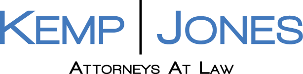 KEMP JONES Attorneys At Law logo in blue and gray text on a white background
