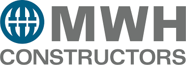 MWH Constructors logo with blue globe icon and gray text on white background