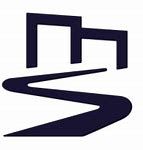Abstract dark blue logo with a stylized winding road and geometric building outline on a white background