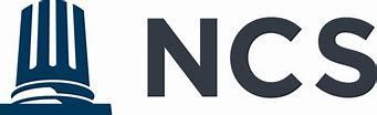 NCS logo in dark blue with a stylized column icon and bold letters on a white background