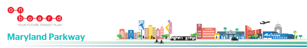 Maryland Parkway banner with colorful city skyline, buildings, and logos on a white background