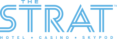 The STRAT Hotel, Casino & Skypod logo in light blue on white background