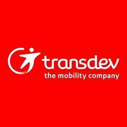 Transdev logo on red background with white text and icon