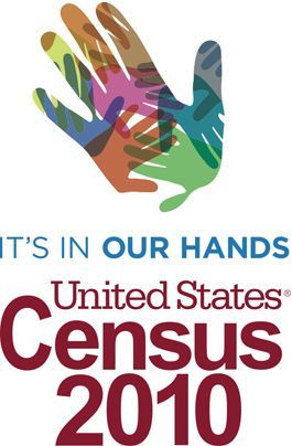 Colorful overlapping handprints above “It’s in our hands” and “United States Census 2010” text