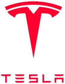 Tesla logo in red on a white background