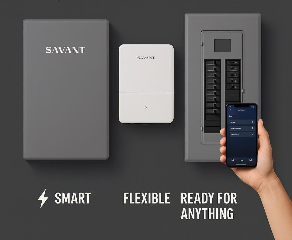 Savant smart home control panel, white device, and phone app beside an electrical breaker panel with βSMART FLEXIBLE READY FOR ANYTHINGβ text