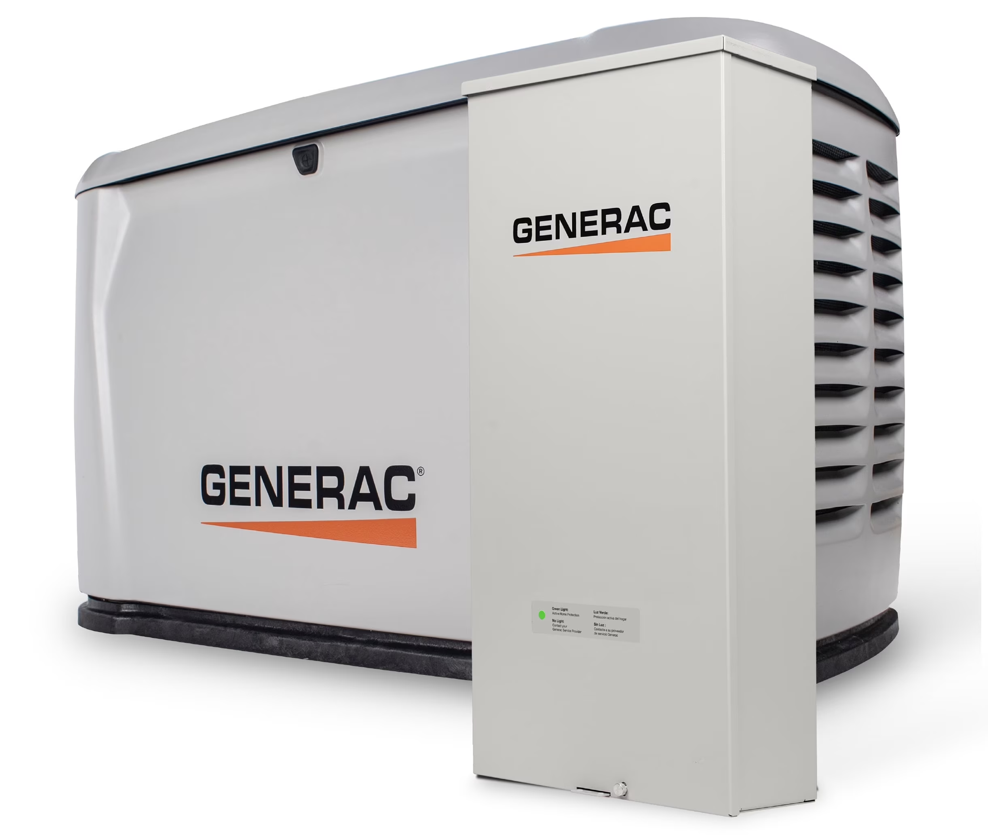 White Generac home standby generator with black vents and orange logo, shown on a plain white background