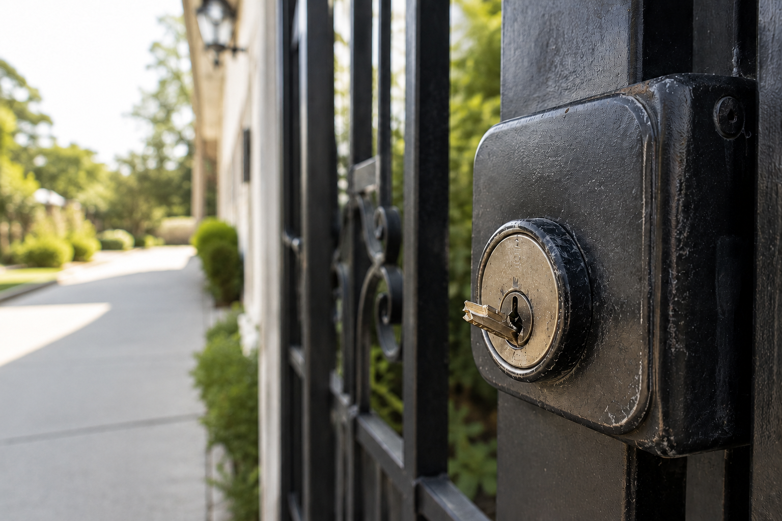Close-up of a black metal gate lock beside a sunlit sidewalk and street