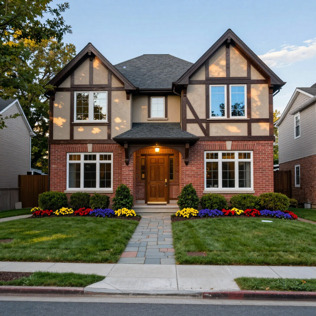 Two-story brick and stucco house with a front porch, manicured lawn, and colorful flower beds at dusk