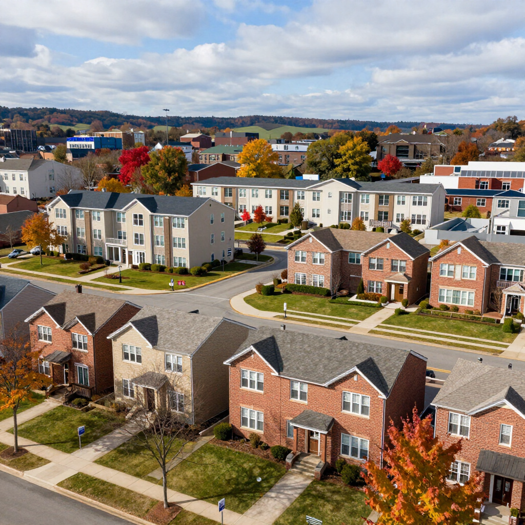 Aerial view of a suburban neighborhood with brick townhouses, tree-lined streets, and autumn foliage