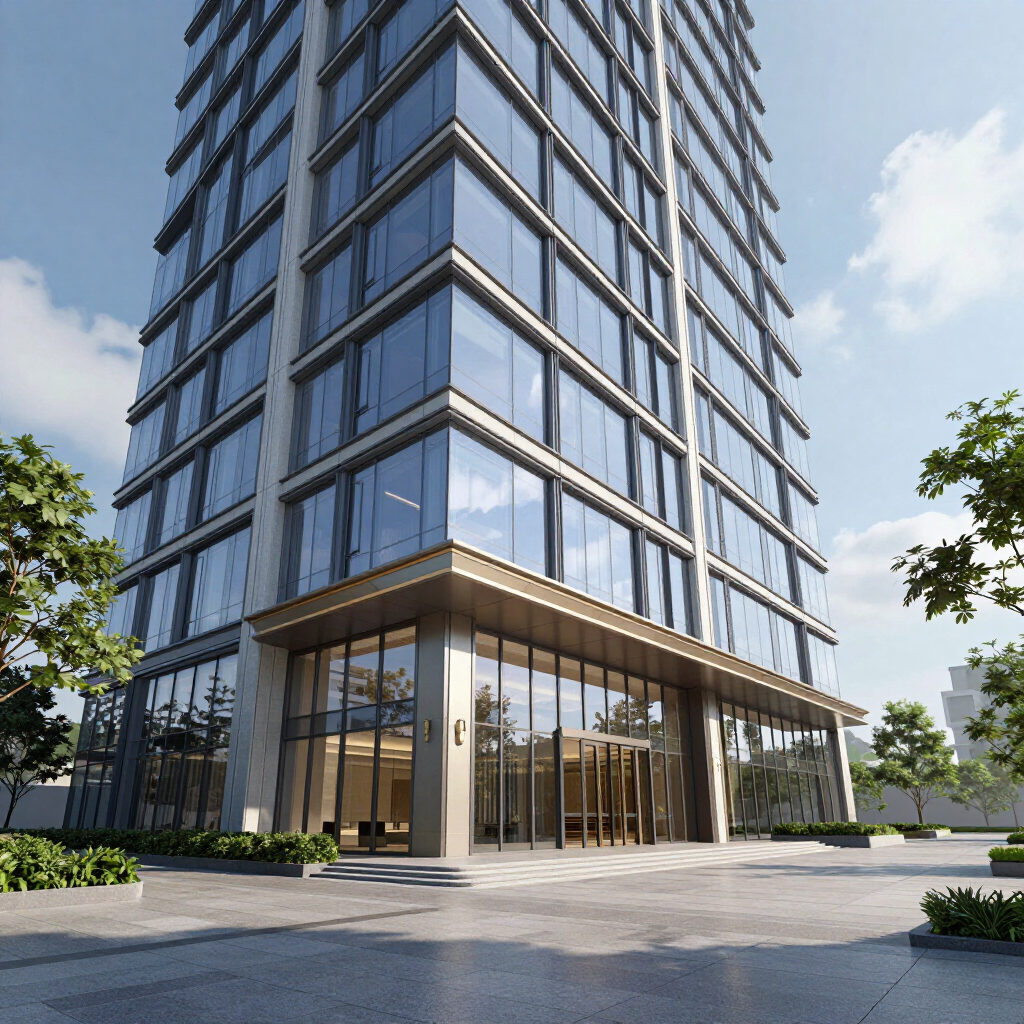 Modern glass office tower with a ground-floor lobby and surrounding trees on a sunny day