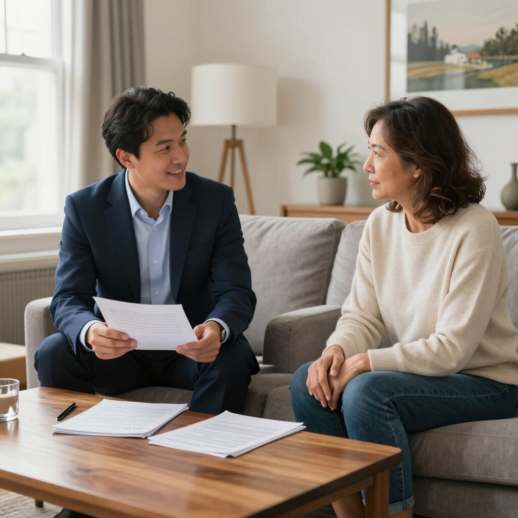 Two people talking on a sofa in a bright living room, with papers on the coffee table.