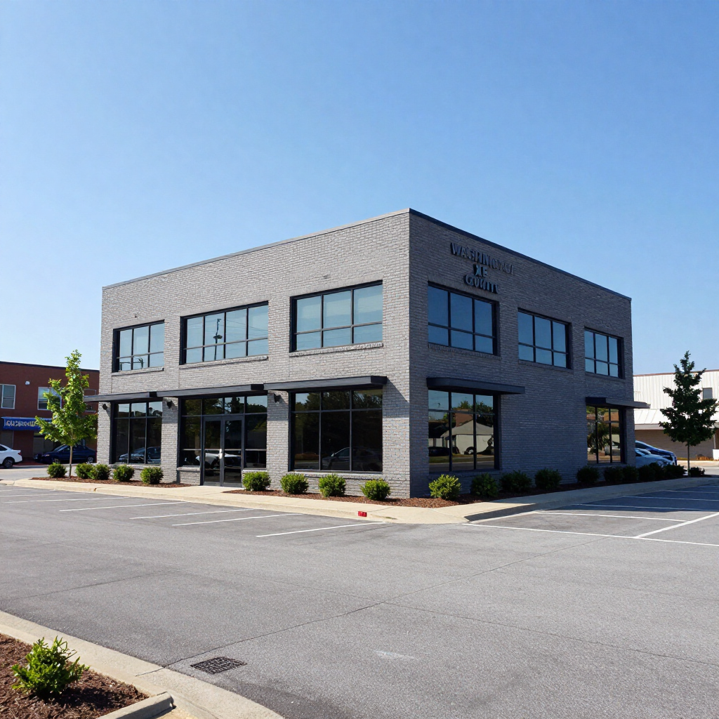 Two-story gray brick office building with large windows on a sunny street corner