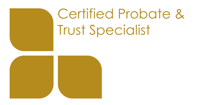 Gold logo with four rounded squares and text “Certified Probate & Trust Specialist”