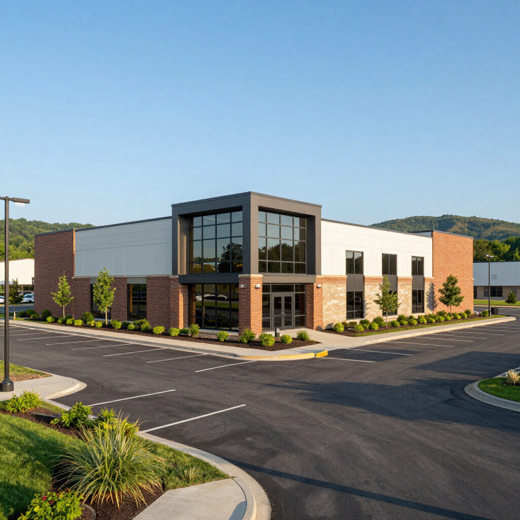 Modern two-story office building with brick and white facade, large glass entrance, and empty parking lot.