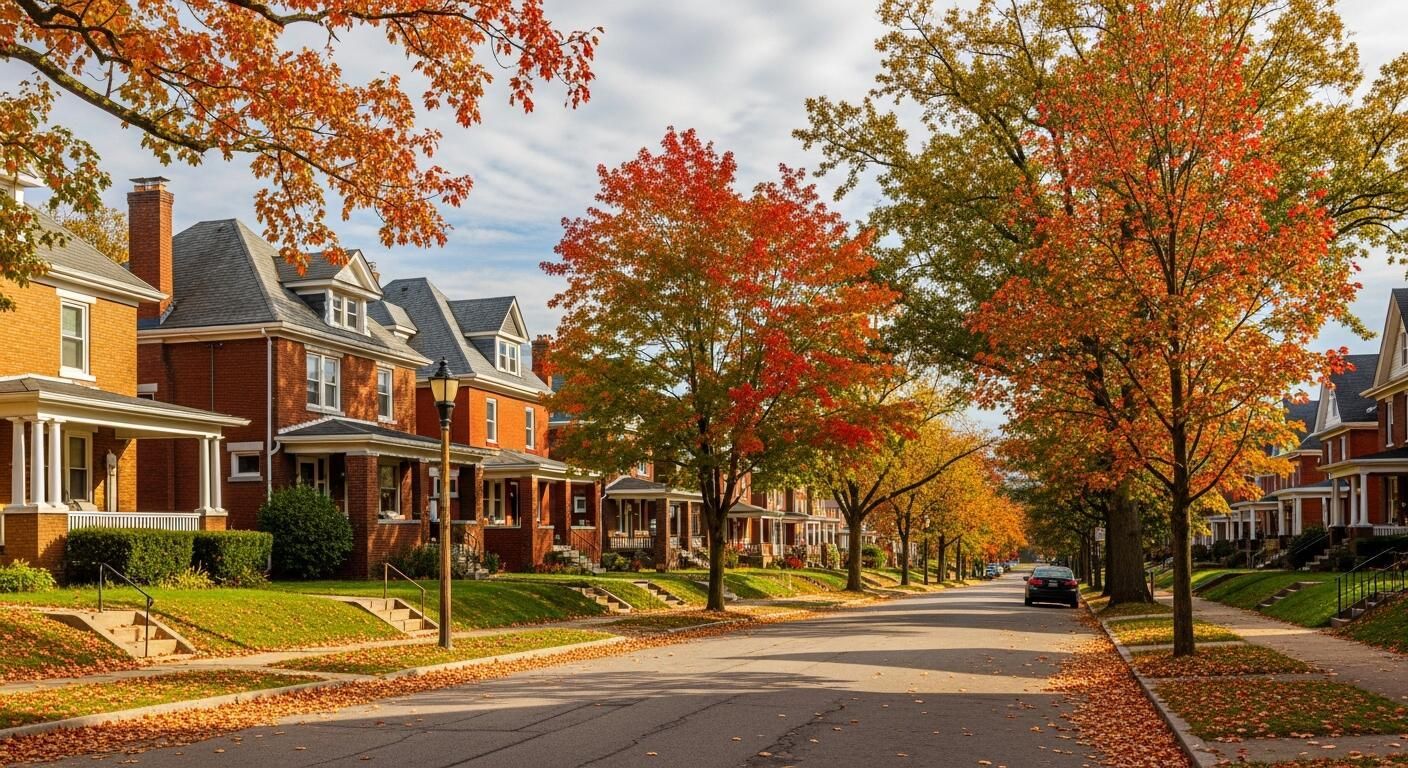 Tree-lined suburban street with brick houses and vivid autumn foliage under warm sunlight