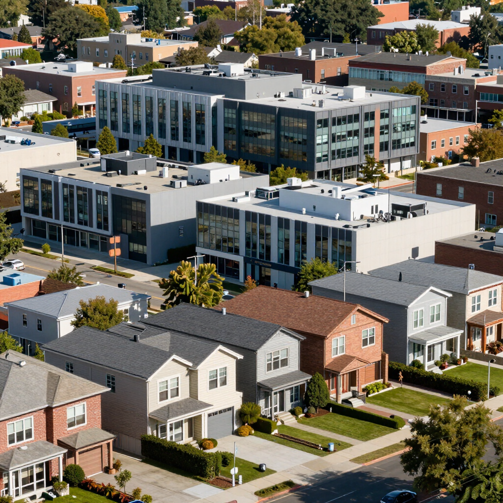 Aerial view of a suburban neighborhood with modern apartment buildings and rows of townhouses