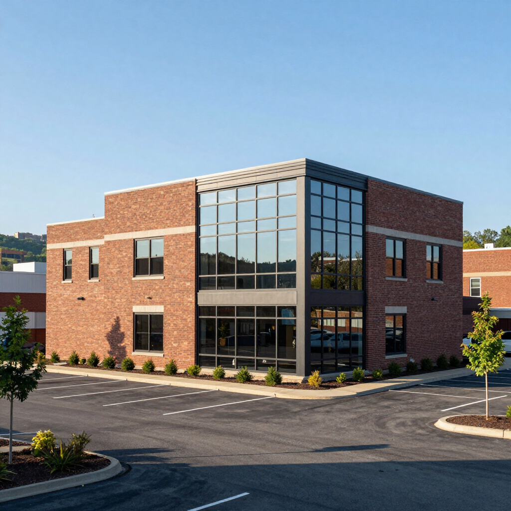 Modern brick office building with large glass entrance and empty parking lot under a clear blue sky
