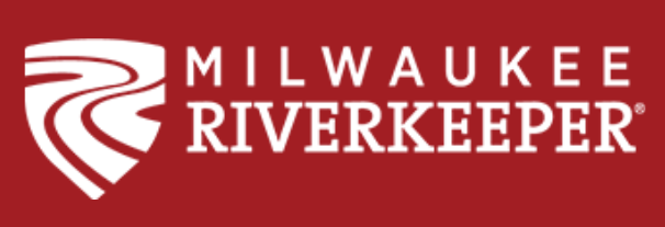 Milwaukee Riverkeeper logo on red background. Features a white shield with river design,