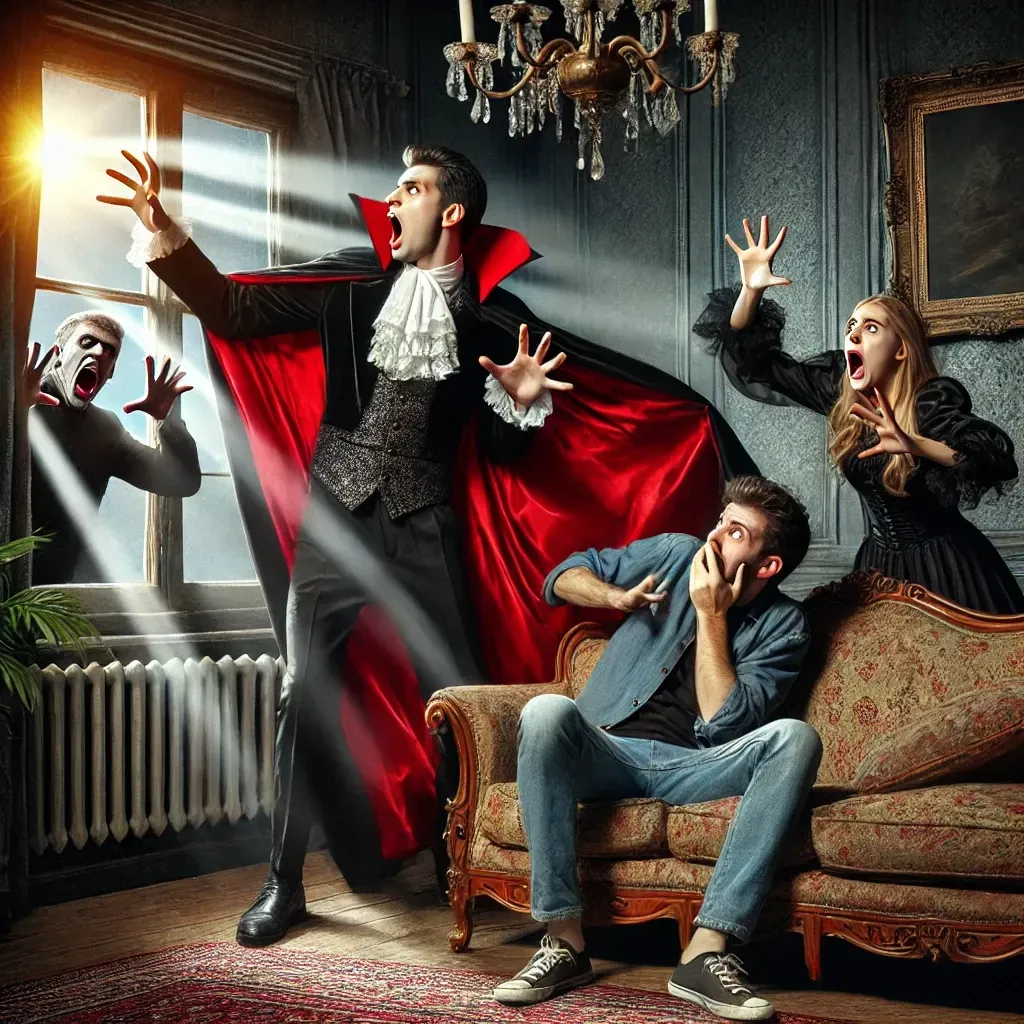 A group of people dressed as vampires are standing in a living room.