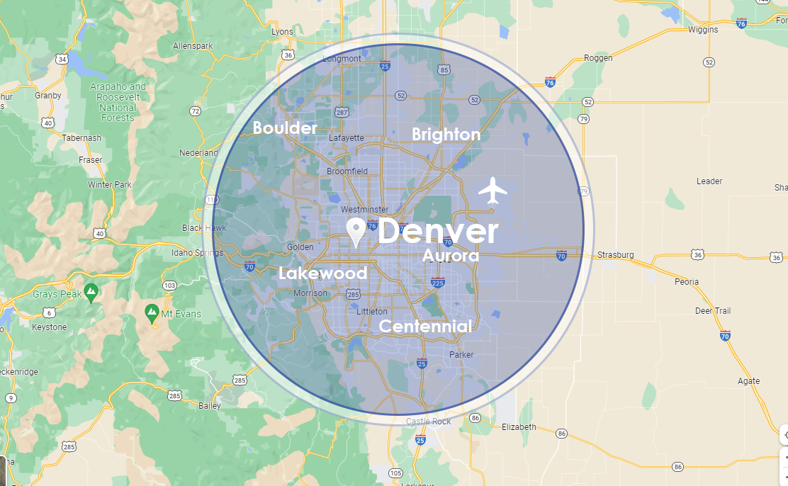 A map of denver , colorado with a circle around the city.
