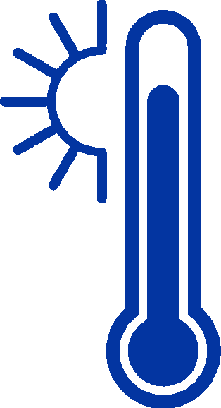A blue thermometer with a sun behind it on a white background.