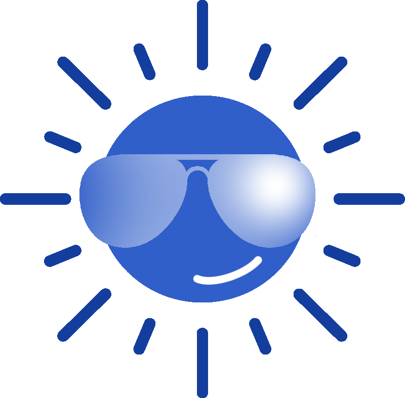 The sun is wearing sunglasses and smiling.