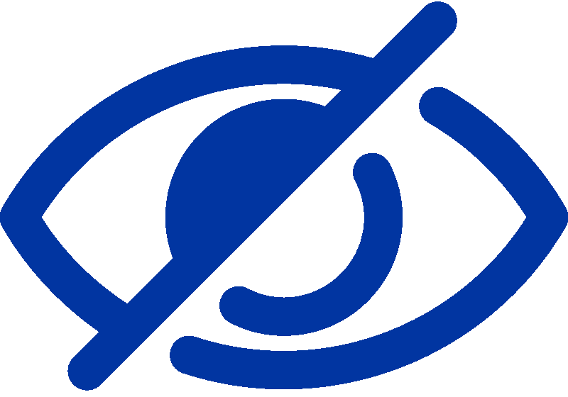 A blue icon of an eye with a cross through it.
