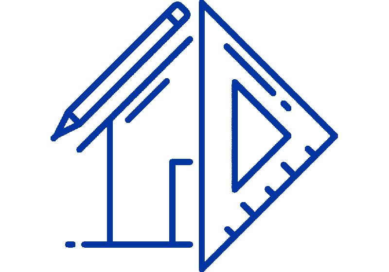 A blue line drawing of a pencil , ruler and triangle.