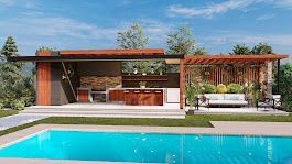 Una casa con piscina delante de ella.