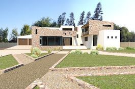 Impresión artística de una casa moderna con un gran jardín delante de ella.