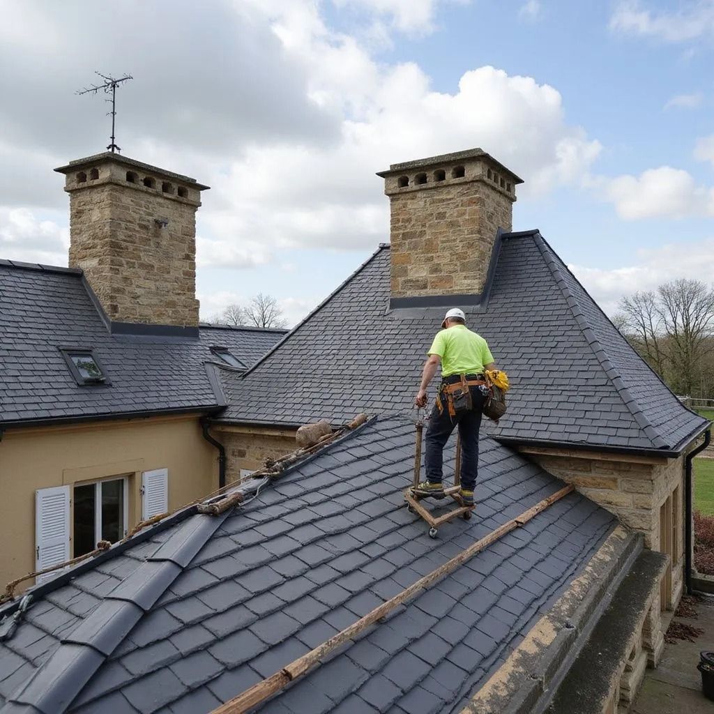 Couvreur à Versailles sur un toit en ardoise, travaillant près d'une cheminée et d'une antenne.