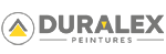 Logo de DURALEX PEINTURES, comportant un texte gris et une flèche jaune à l'intérieur d'un cercle gris.