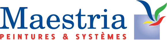 Logo pour Maestria, une entreprise de peintures et de systèmes. Texte bleu avec un motif abstrait stylisé en bleu, vert et rouge.