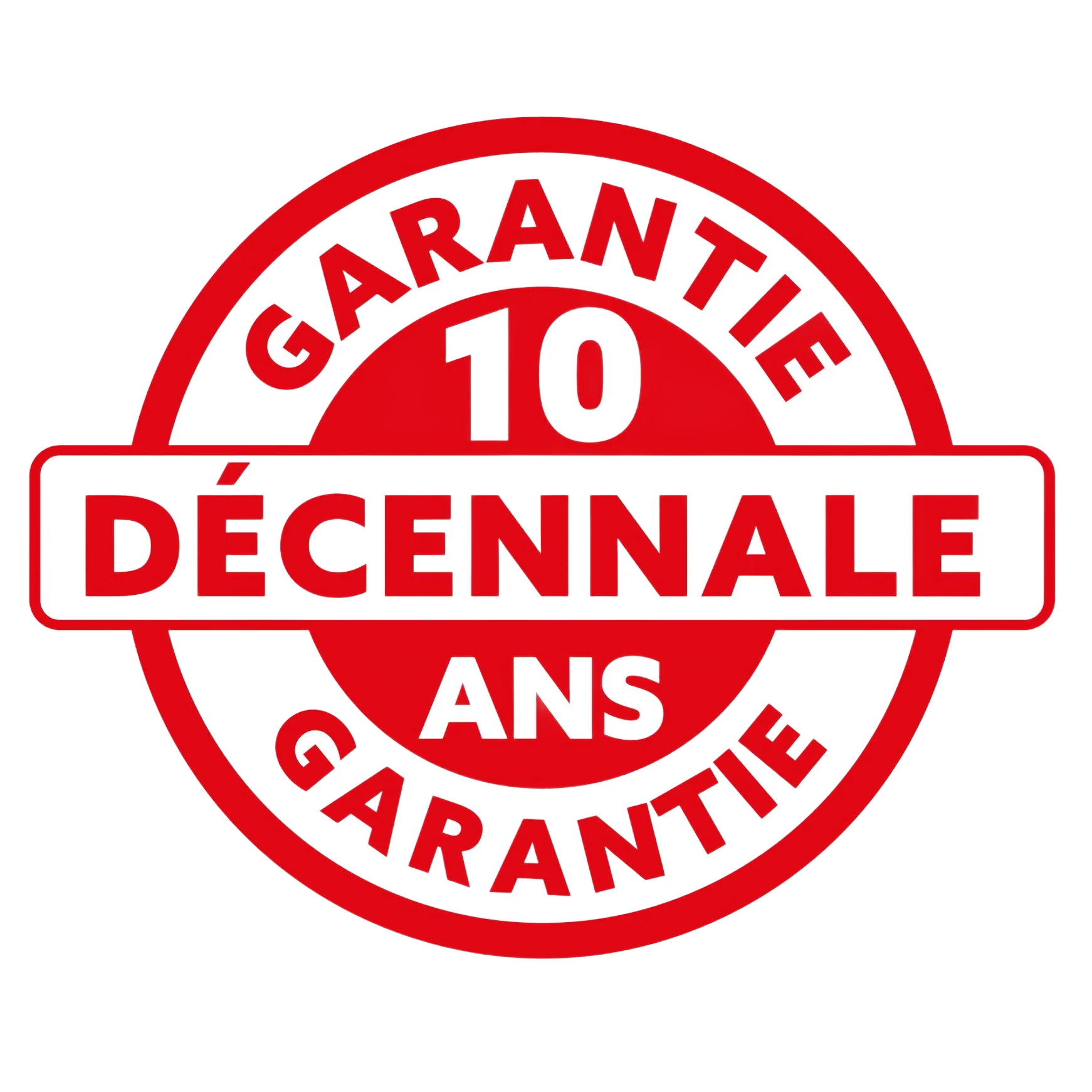 Red circular 10-year warranty seal. Text: 