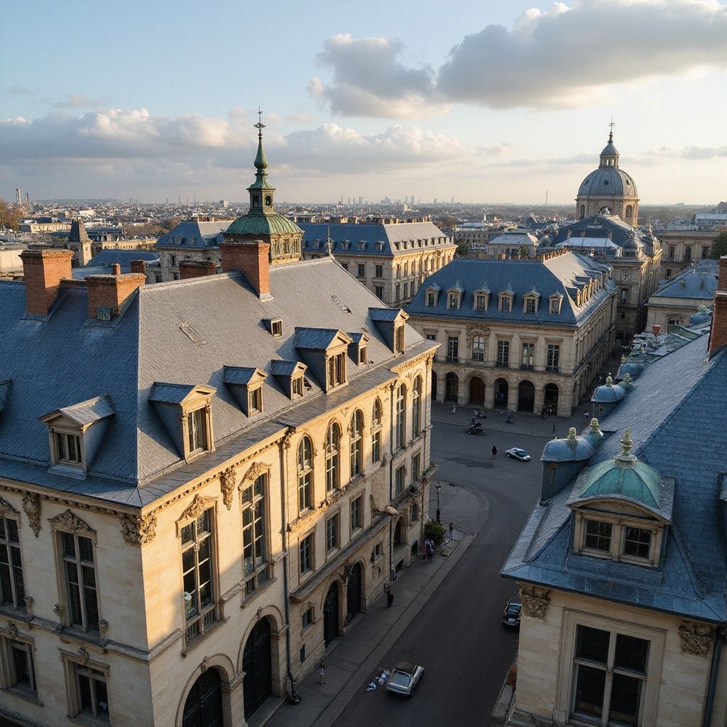 Paysage urbain de Versailles avec ses bâtiments ornés, ses toits bleus et sa coupole.