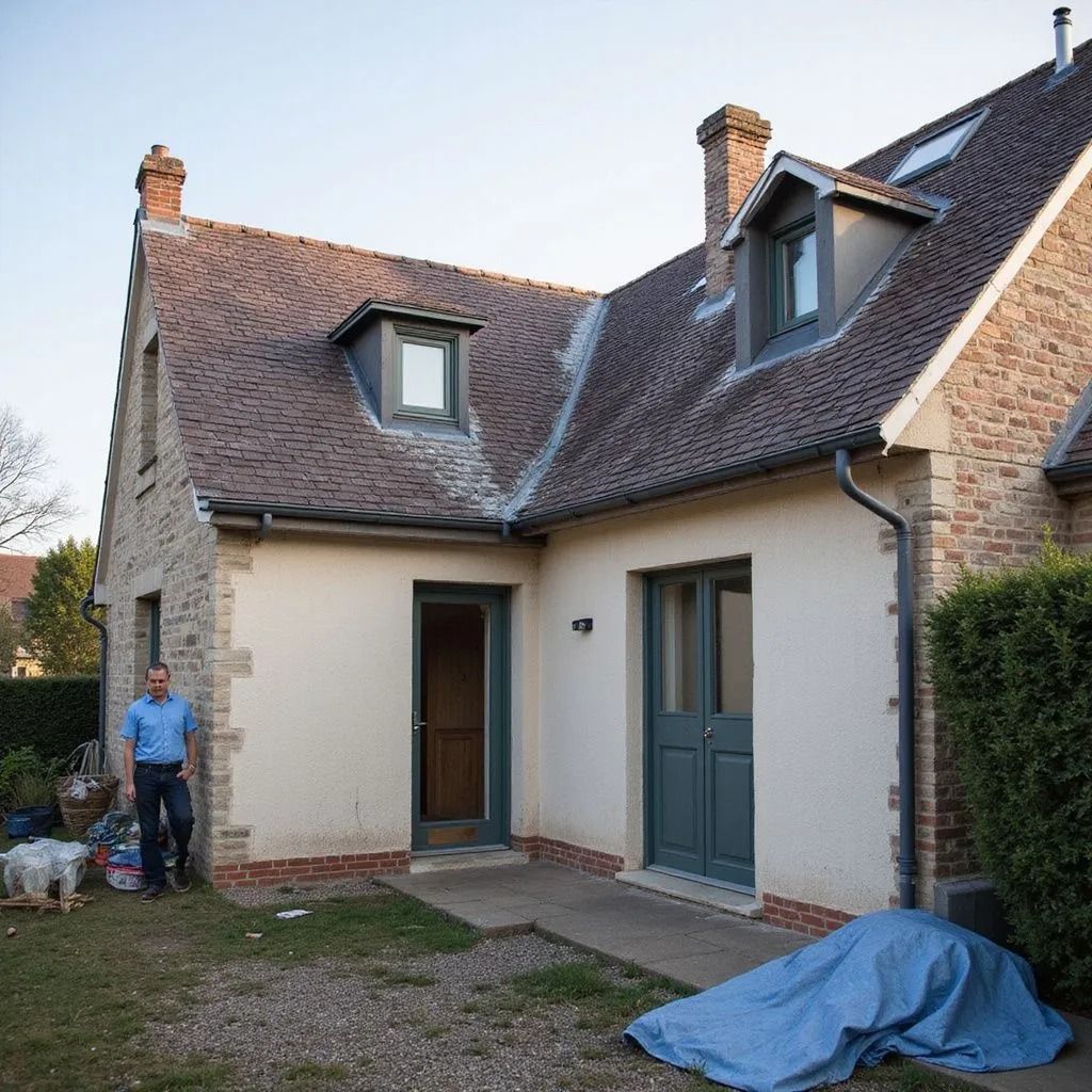 Un homme se tient près d'une maison à Versailles, avec une façade en briques.