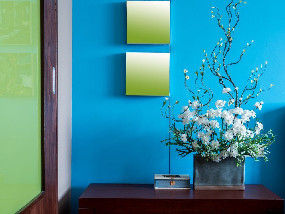 Blue Wall With Two Square Mirrors — G.N Painting and Decorating in Lake Cathie, NSW