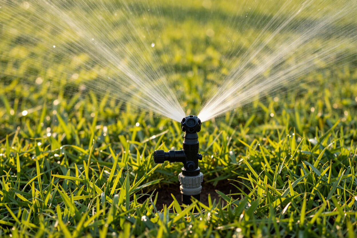 Sprinkler spraying water over a green lawn in daylight
