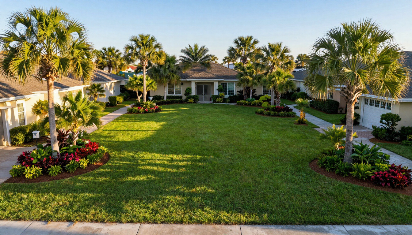 Sunny suburban front yard with palm trees, green lawn, and flower beds in front of a house