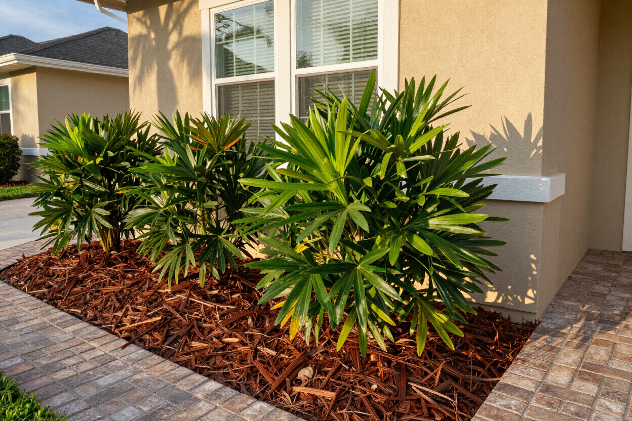 Scenic Lawn & Landscape Pensacola freshly mulched tropical planting bed