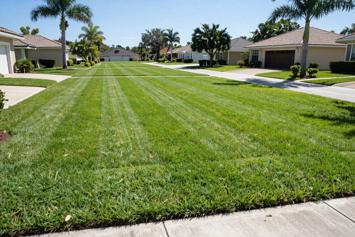 Suburban neighborhood with a freshly mowed green lawn between houses and palm trees on a sunny day