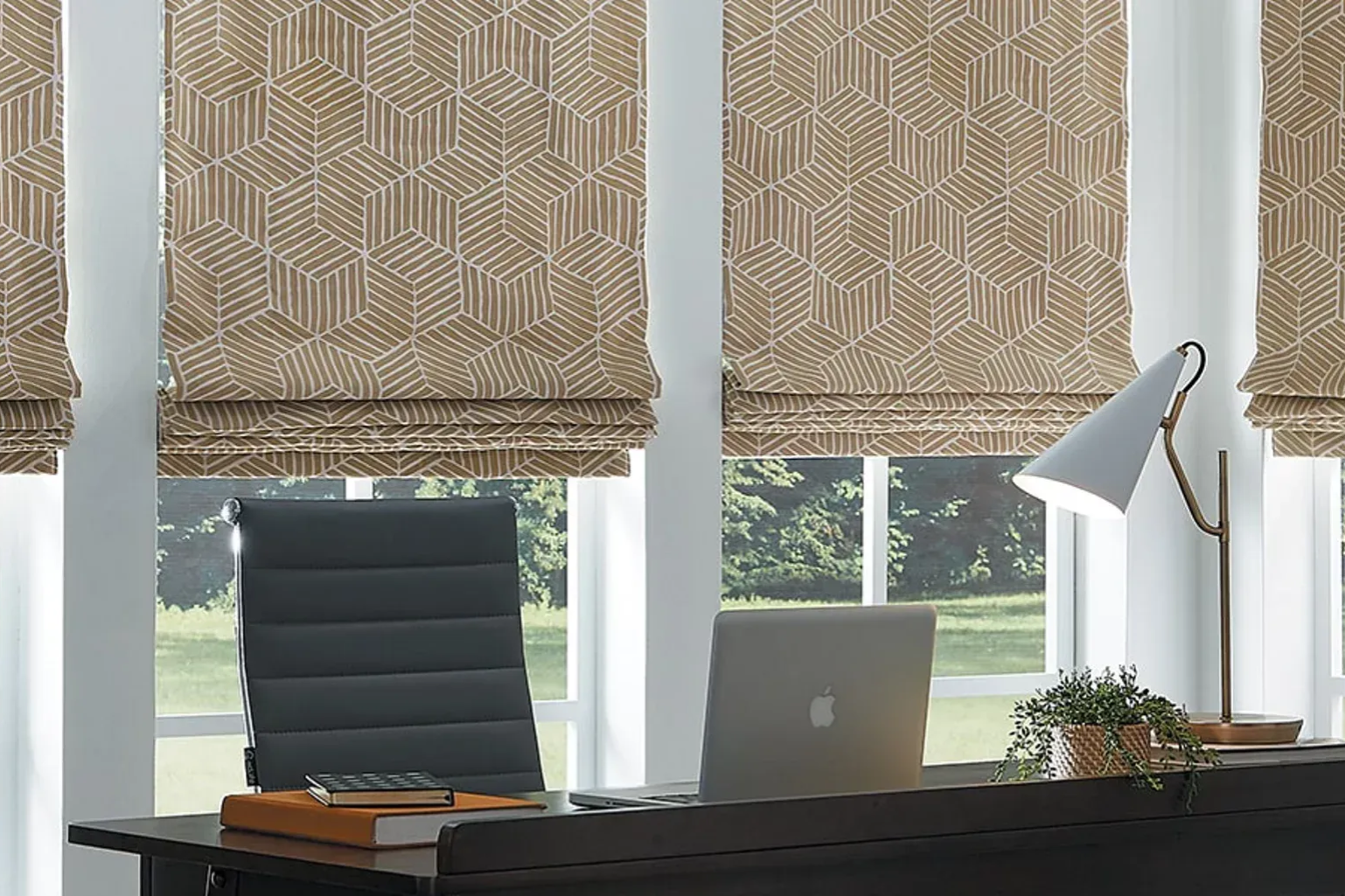 Office with closed honeycomb patterned shades, desk with laptop, chair, and greenery.